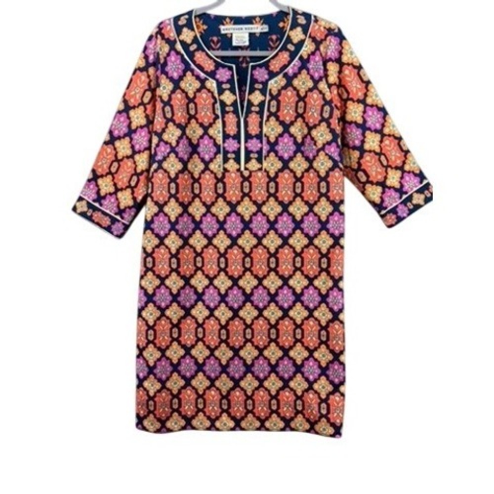 Gretchen Scott Shift Dress Womens XL Tunic Navy Orange Pink Medallion Career